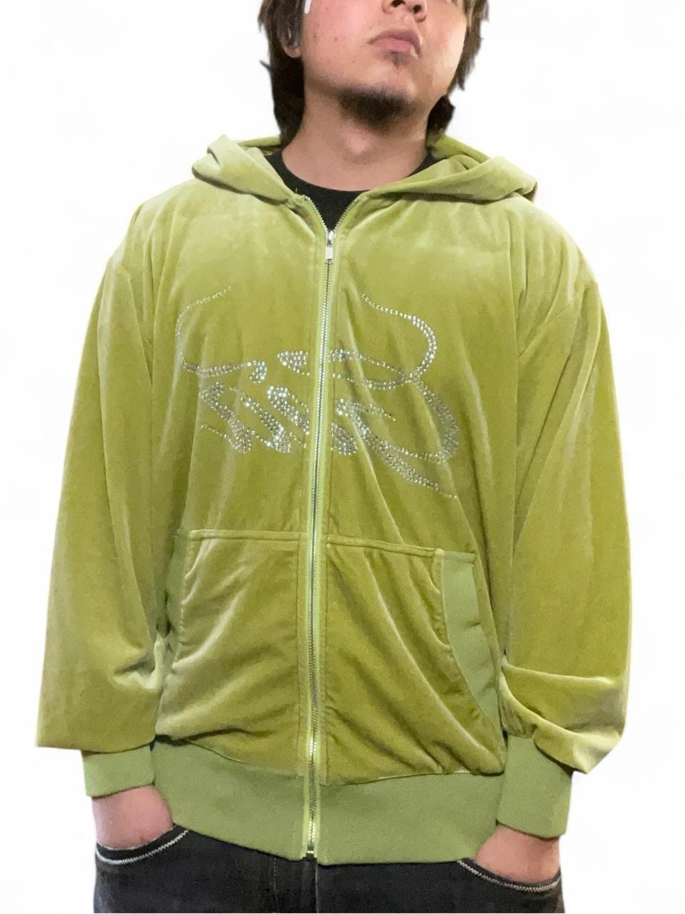 I.AM.GIA‎ Daria Green Velvet Rhinestone Wings Zip-Up Hoodie